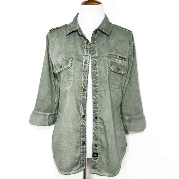 Rails Studded Distressed Green Snap Button Long Sleeve Utility Shacket Shirt - Picture 8 of 10